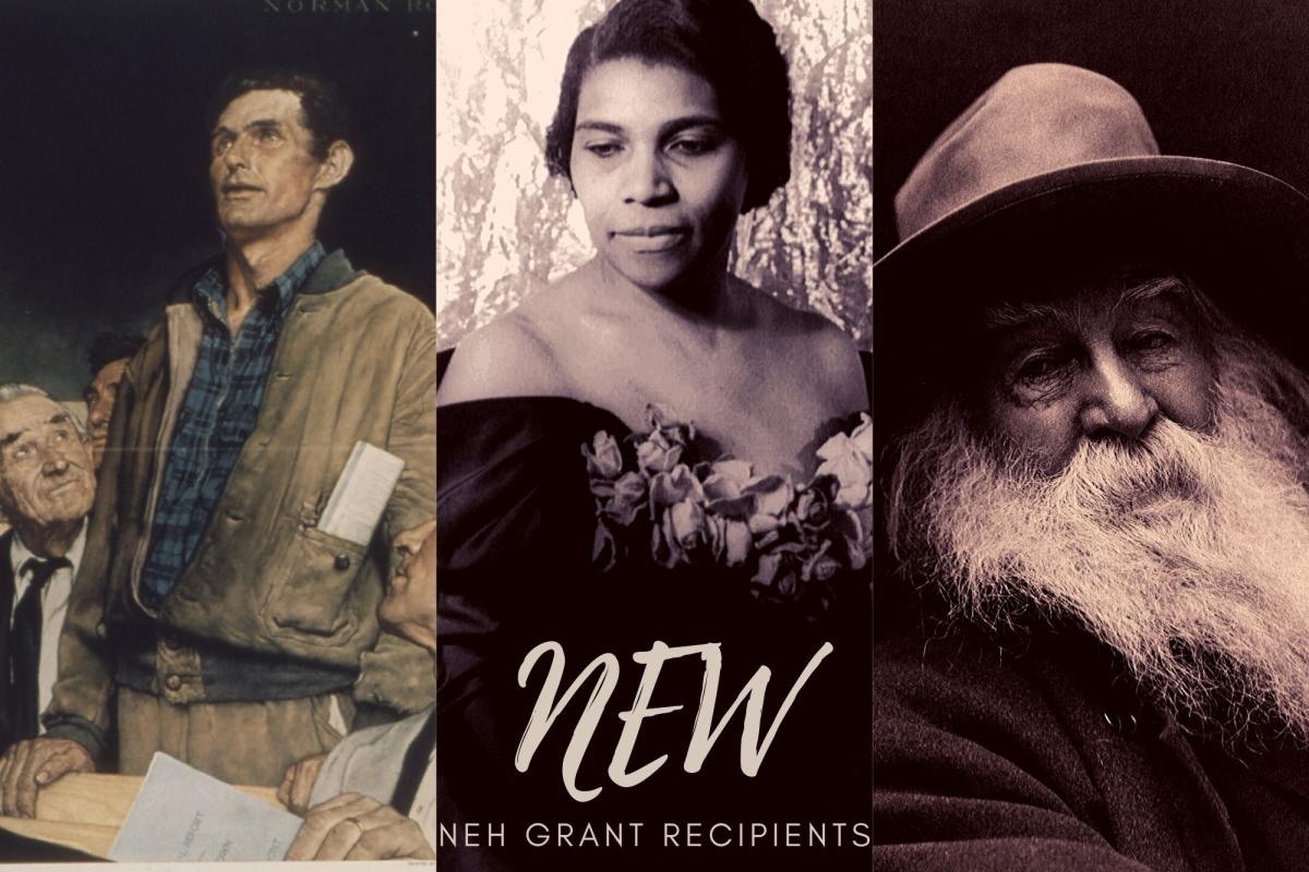 NEH grants announcement- images of Four Freedoms, Marian Anderson, Walt Whitman