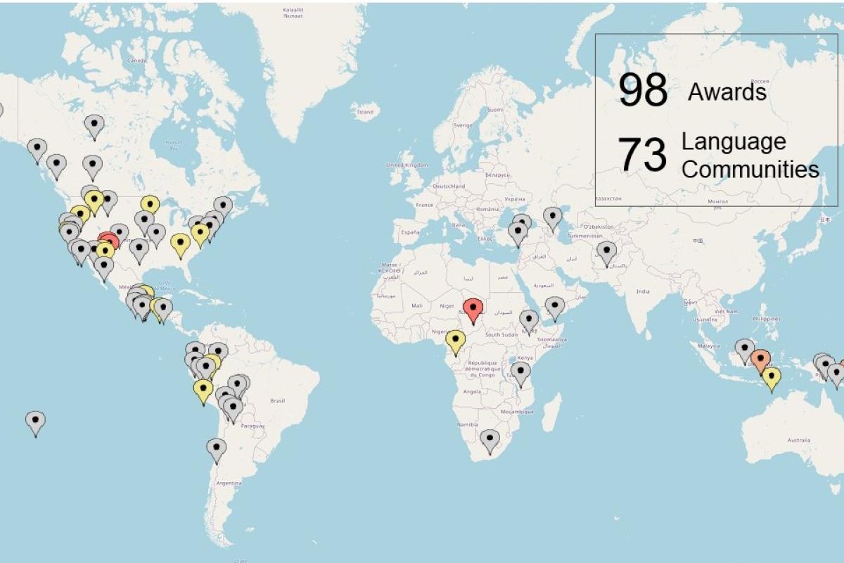 This map shows the geographic distribution of language communities served by DLI-DEL Fellowship holders from 2006 to 2020.