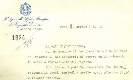 Confirmation letter for the Nortons’ appointment with Mussolini, April 29, 1932.