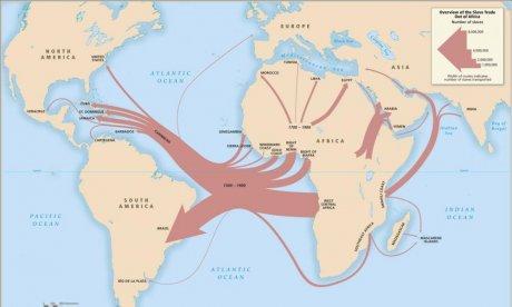 Color map of the main slave trade routes from Africa to the Americas.