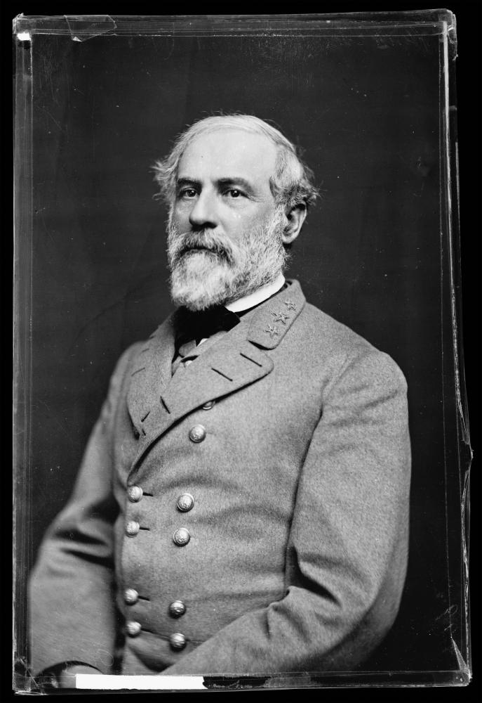 Black and white photo of General Lee, in his military jacket, with three stars pinned on the lapel