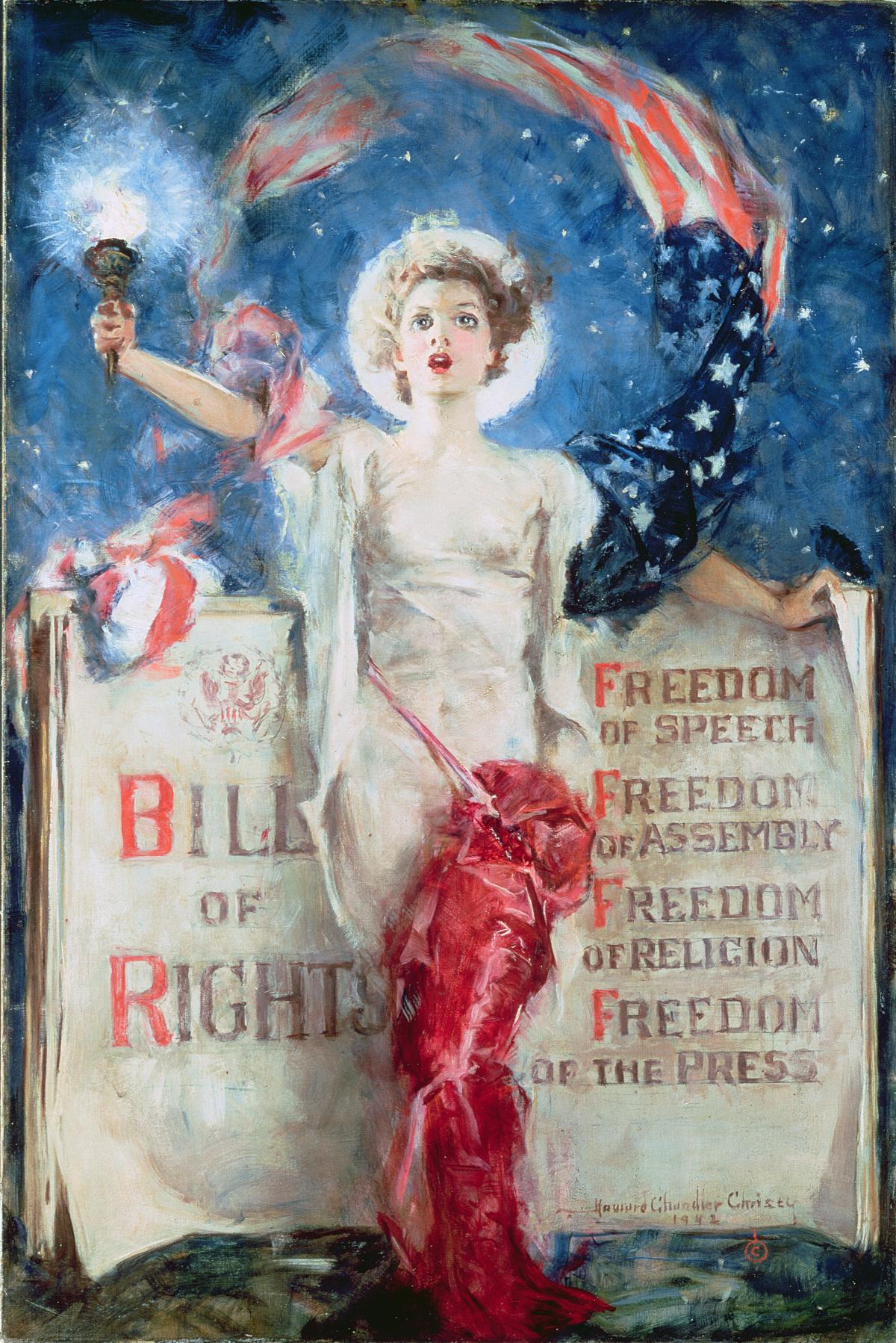 Woman looking upward, holding a torch in right hand, surrounded by a starry night sky, the american flag, and text from the Bill of Rights