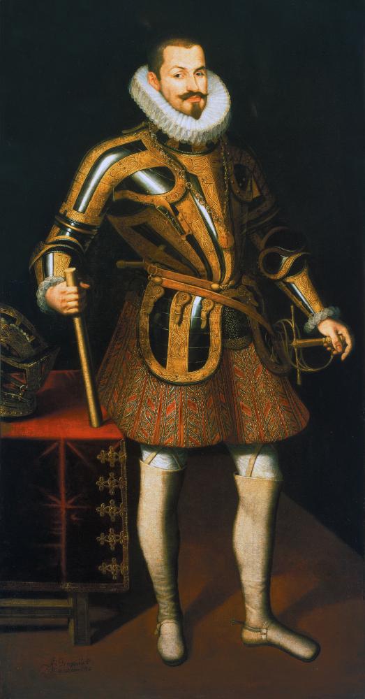 The Duke of Lerma, wearing a ruffled collar and armor with embroidered pantaloons, holding a map in one hand and sword in the other