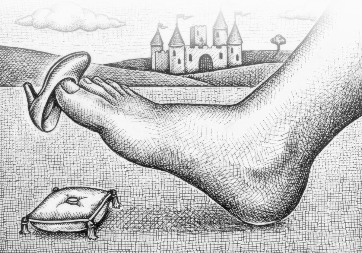 illustration of a huge foot with a tiny shoe balanced on its big toe, with a castle in the far distance
