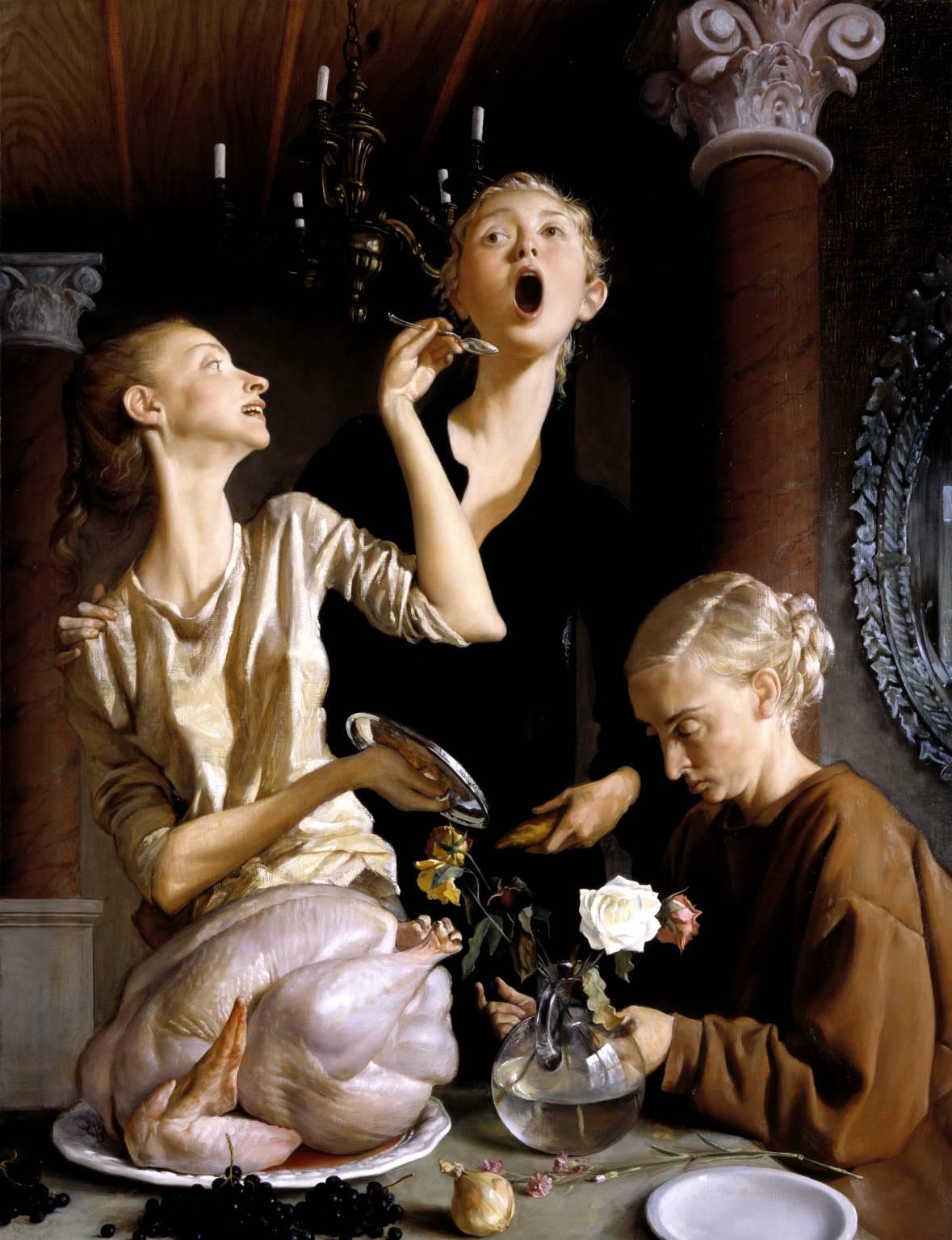 Painting of three women, one feeding another, a turkey sits on the table