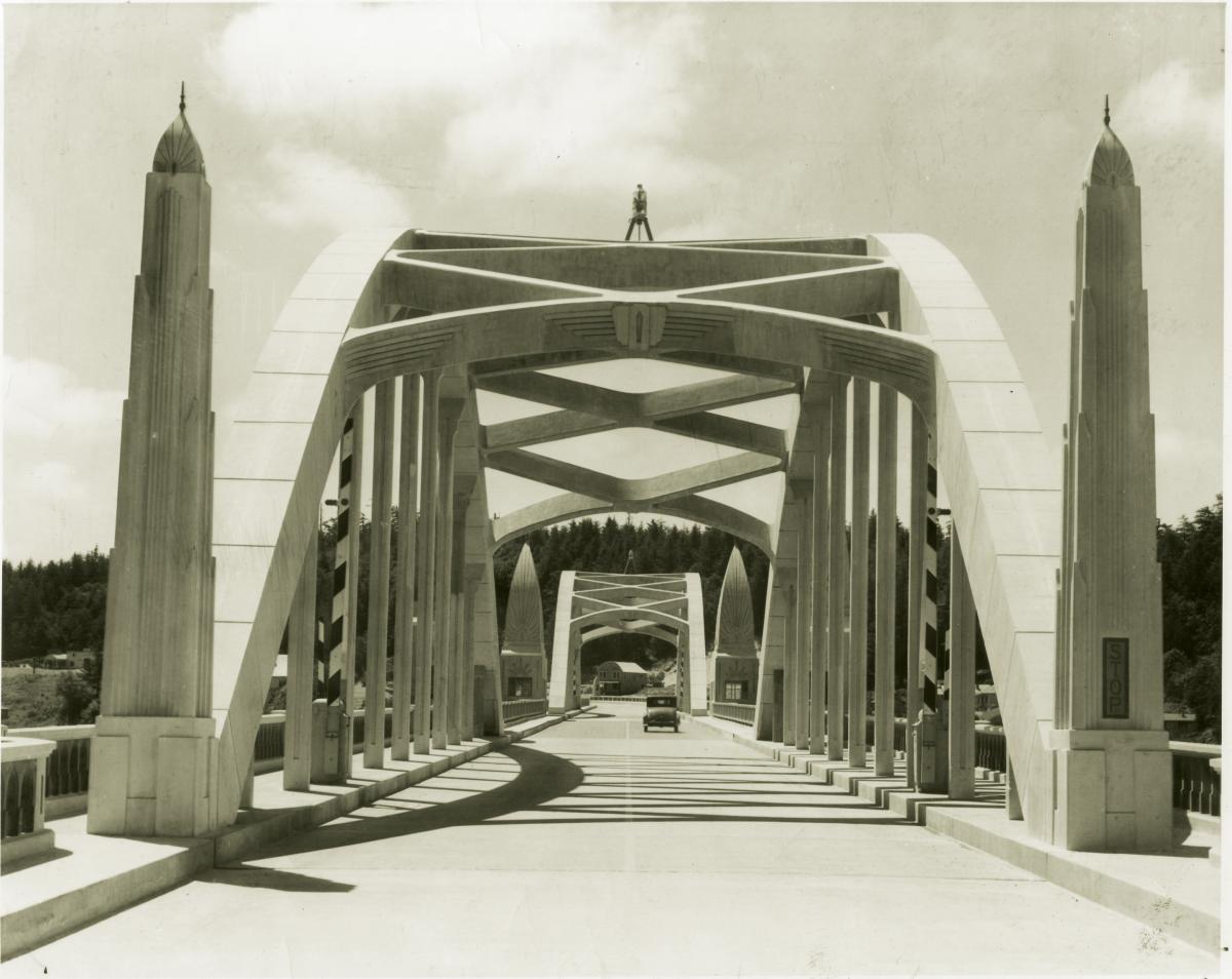 Black and white photograph of a bridge