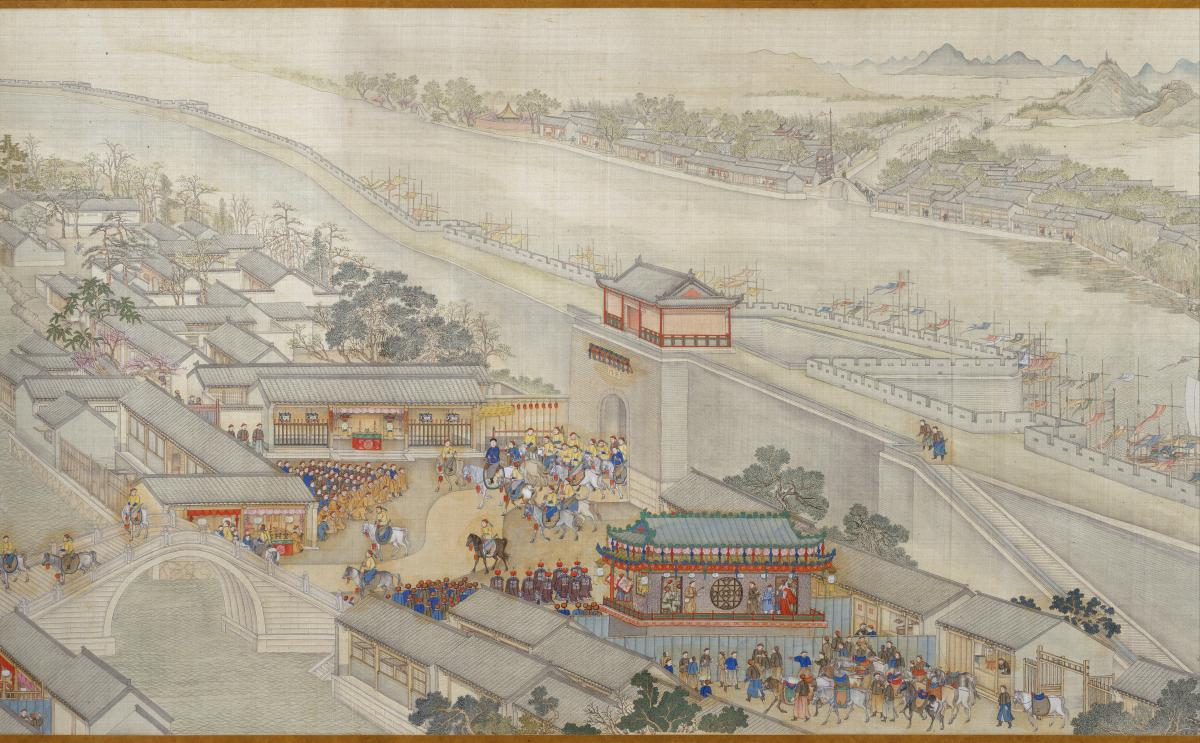 The emperor and his guard, all on horseback, enter the city through a tall gate, while subjects kneel on the ground, flanking the road into the city