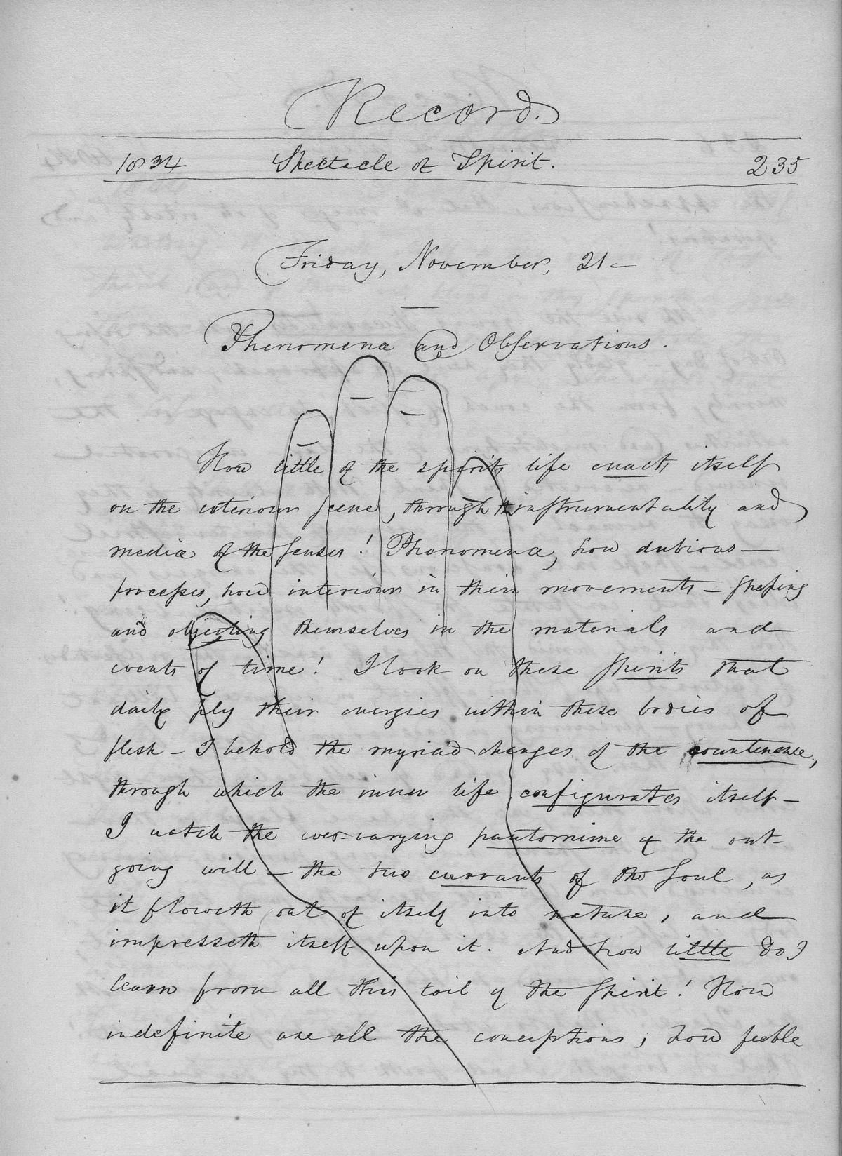 A blobbily outlined hand, over a handwritten journal entry