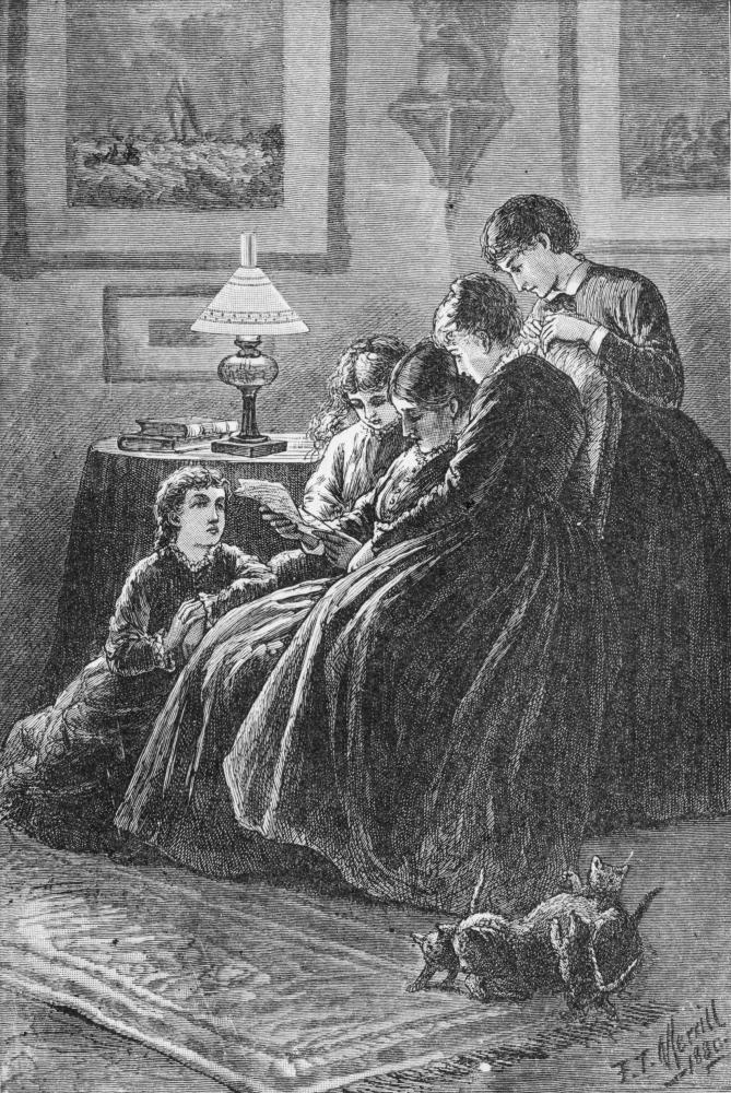 The four girls crowd around Marmee, who is reading a piece of paper and sitting in a chair, in a room lit by a small triangular table lamp