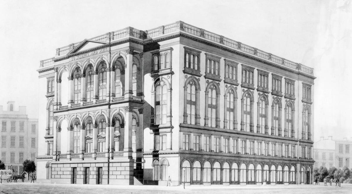 Sketch of Cooper Union, with arched windows and columns, done in white stone