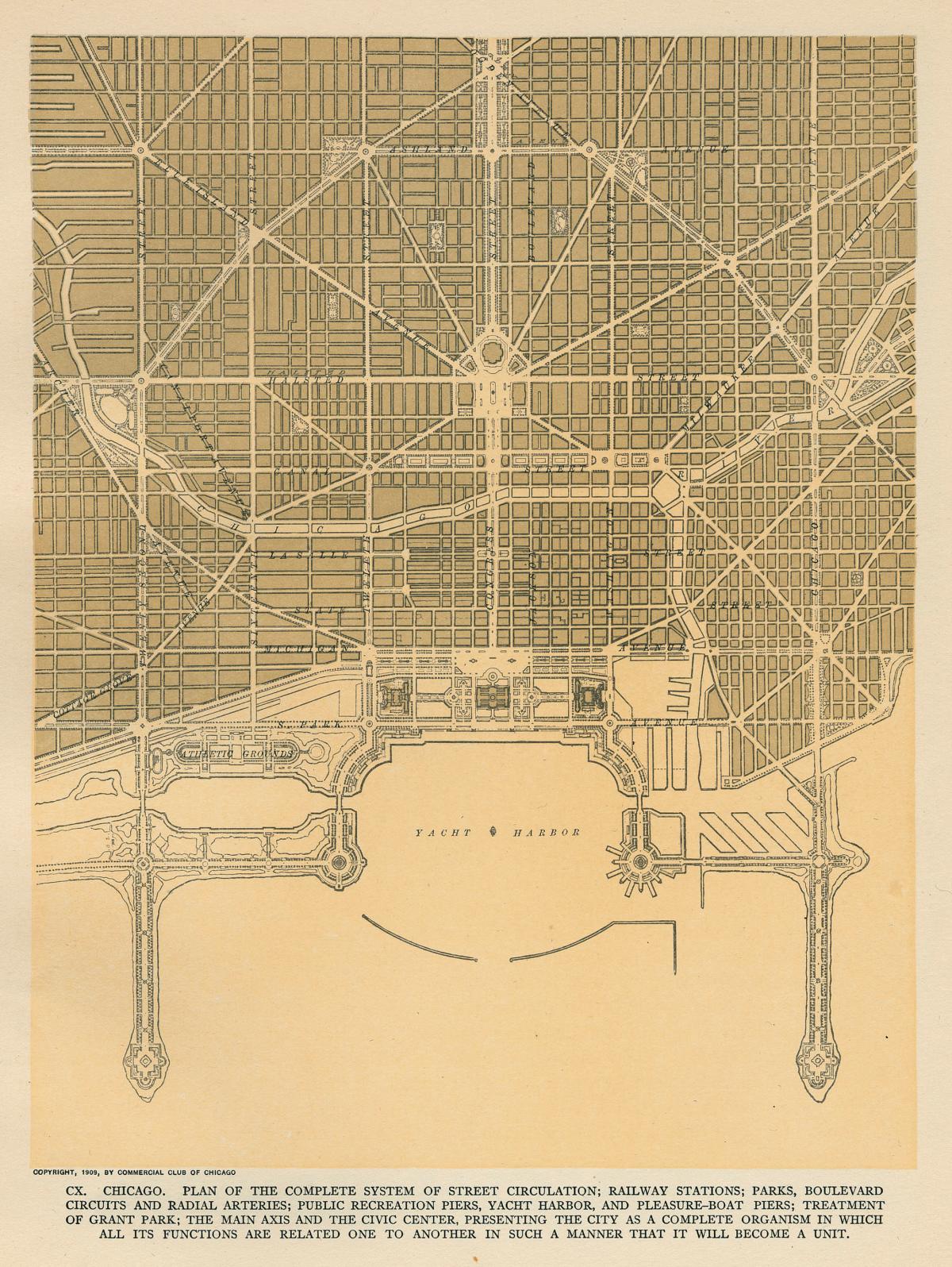 A yellowing map of Chicago, with civic center at the middle