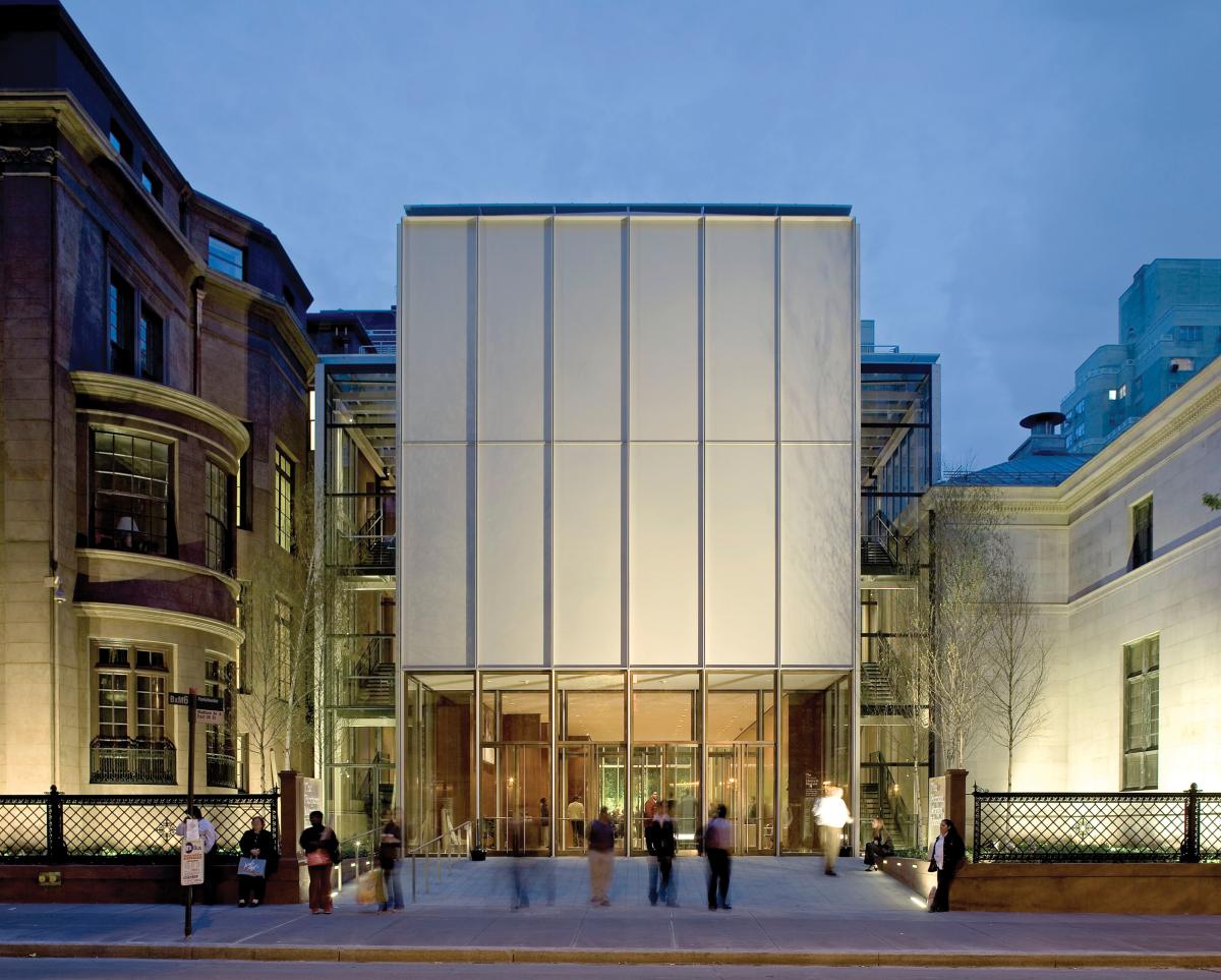 Madison Ave entrance, lit up in early dusk