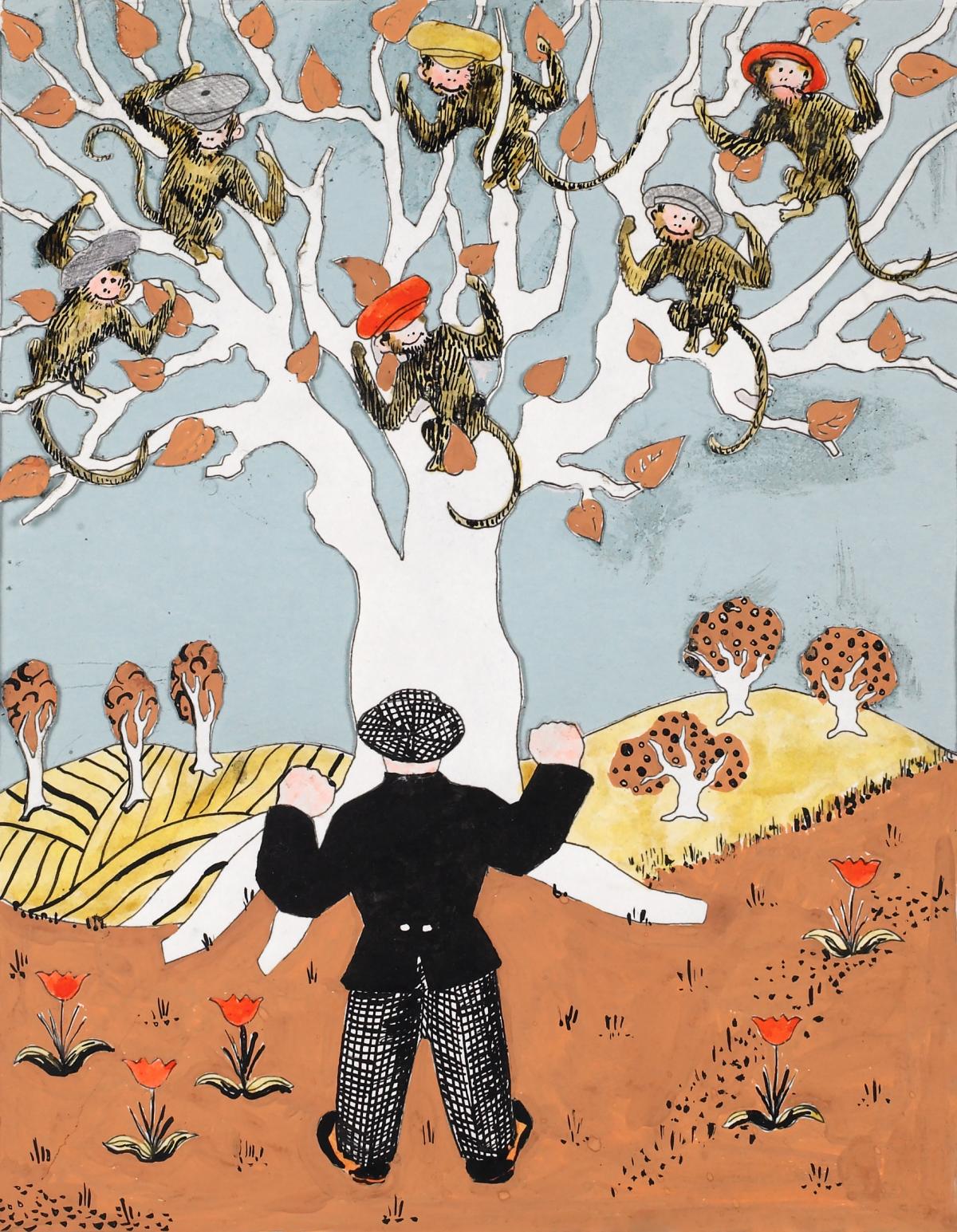 A man stands at the base of a white tree, in which monkeys wearing colorful caps are sitting