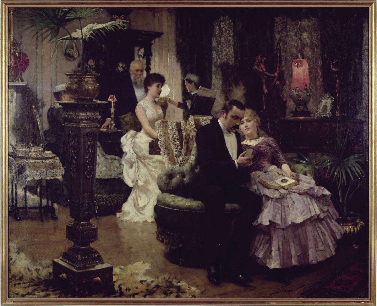Richly dressed young men and women lounge in a parlor, reading and exchanging conversation, while a maid dusts in the background