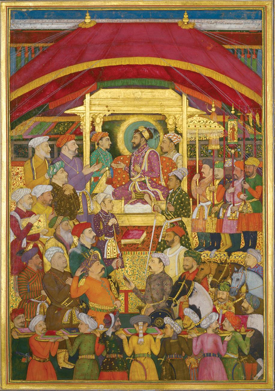 Illustration of Shah Jahan at court, surrounded by courtiers, richly done in reds and golds