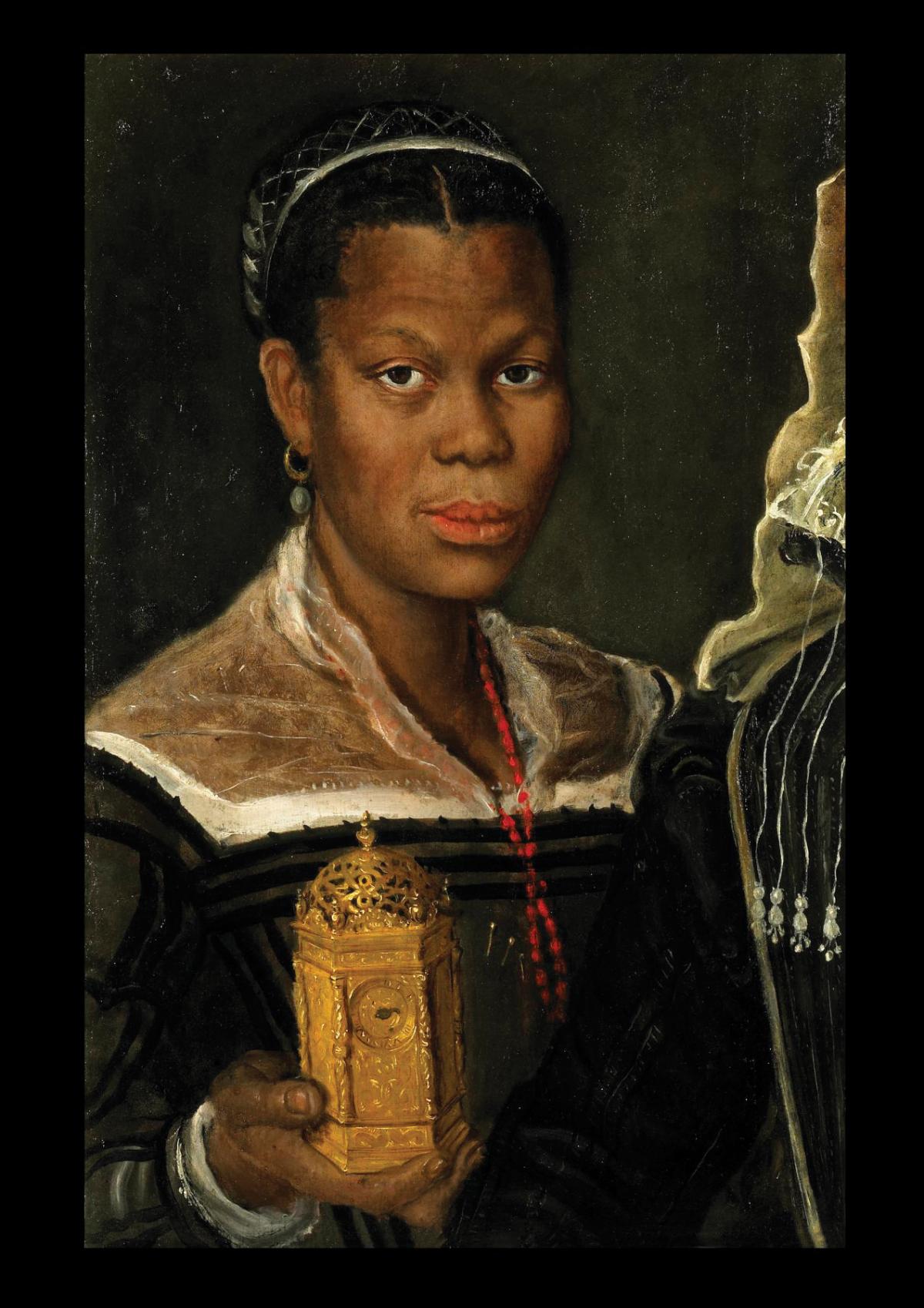 An African woman in a black dress with lace collar, holding a small gold clock tower