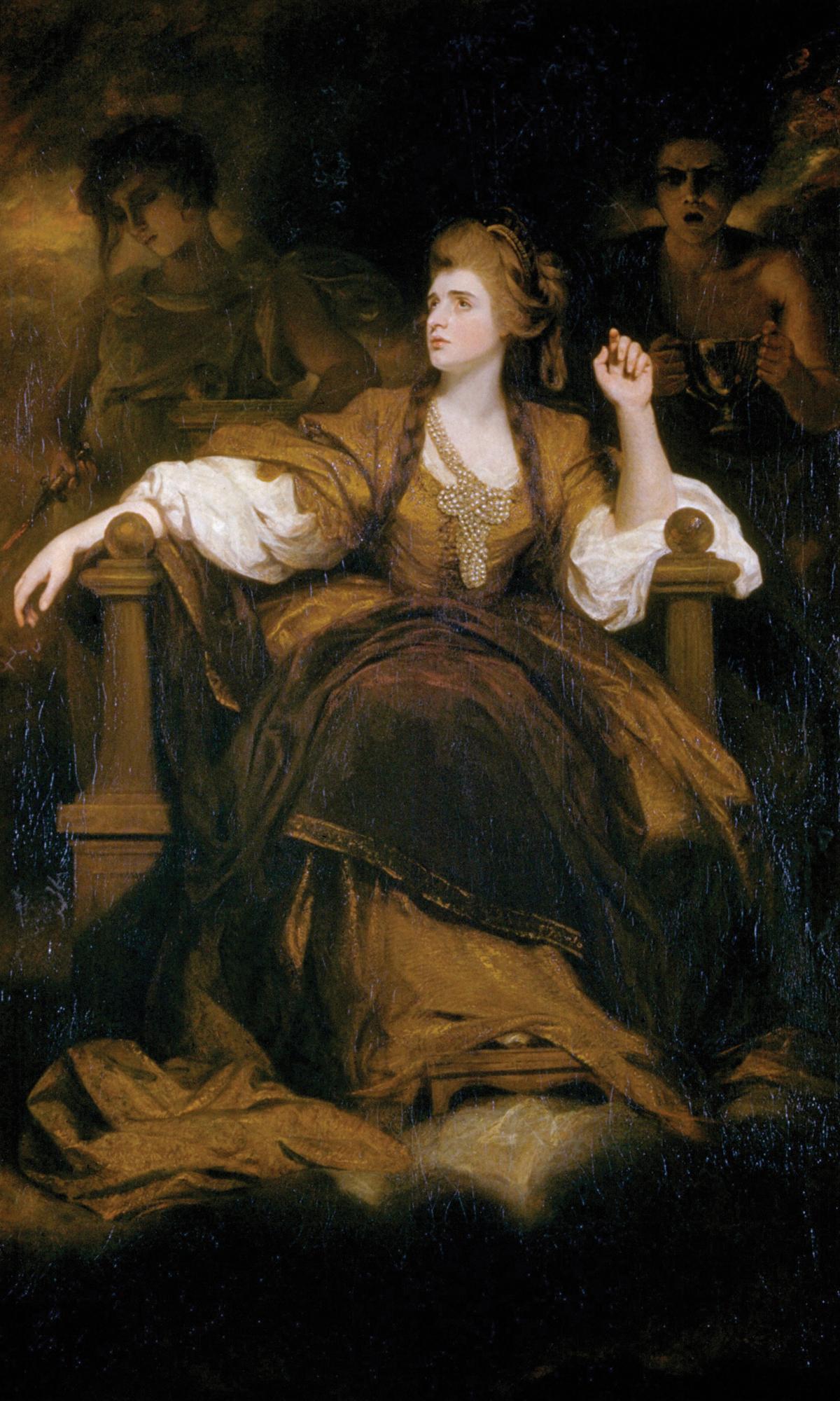 Siddons looks off into the distance, seated in a wooden armchair, dressed in a long white, gold, and bronze dress, with a large pearl necklace around her neck