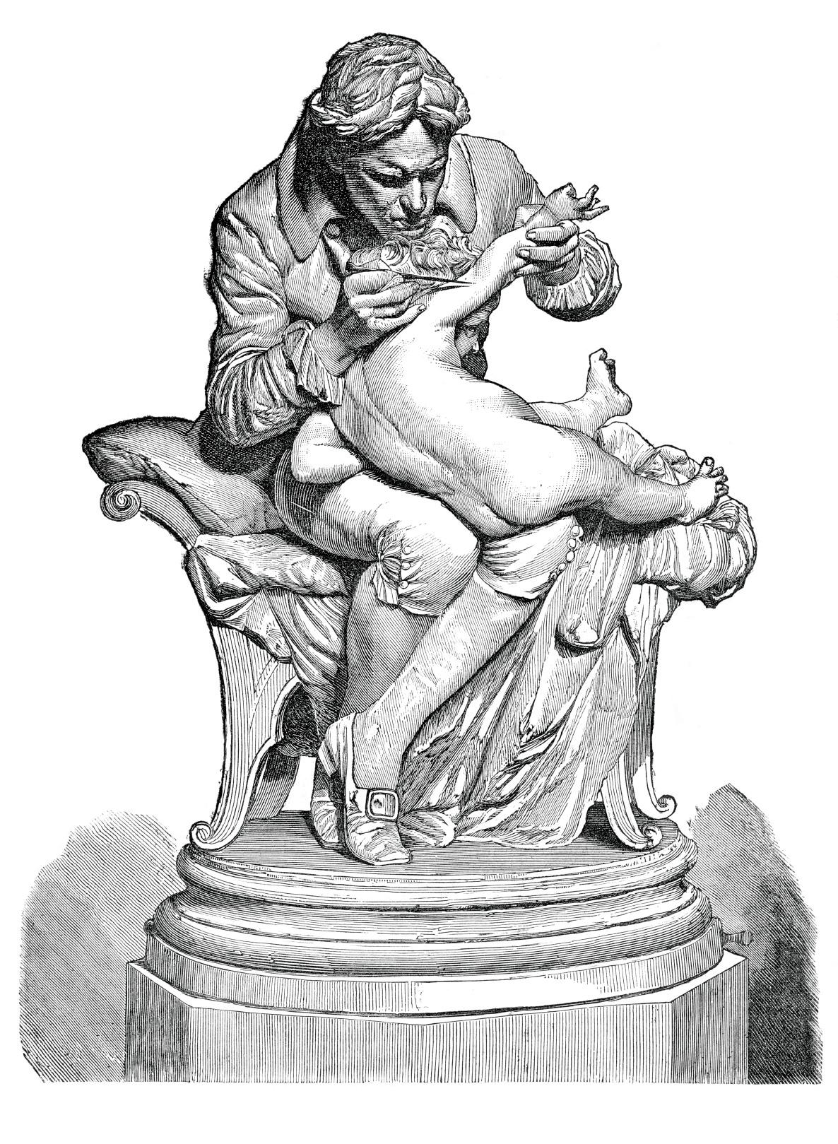 Pencil illustration of Jenner sitting on a stool, holding his naked infant son and injecting him with the vaccination