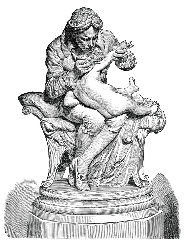 Pencil illustration of Jenner sitting on a stool, holding his naked infant son and injecting him with the vaccination