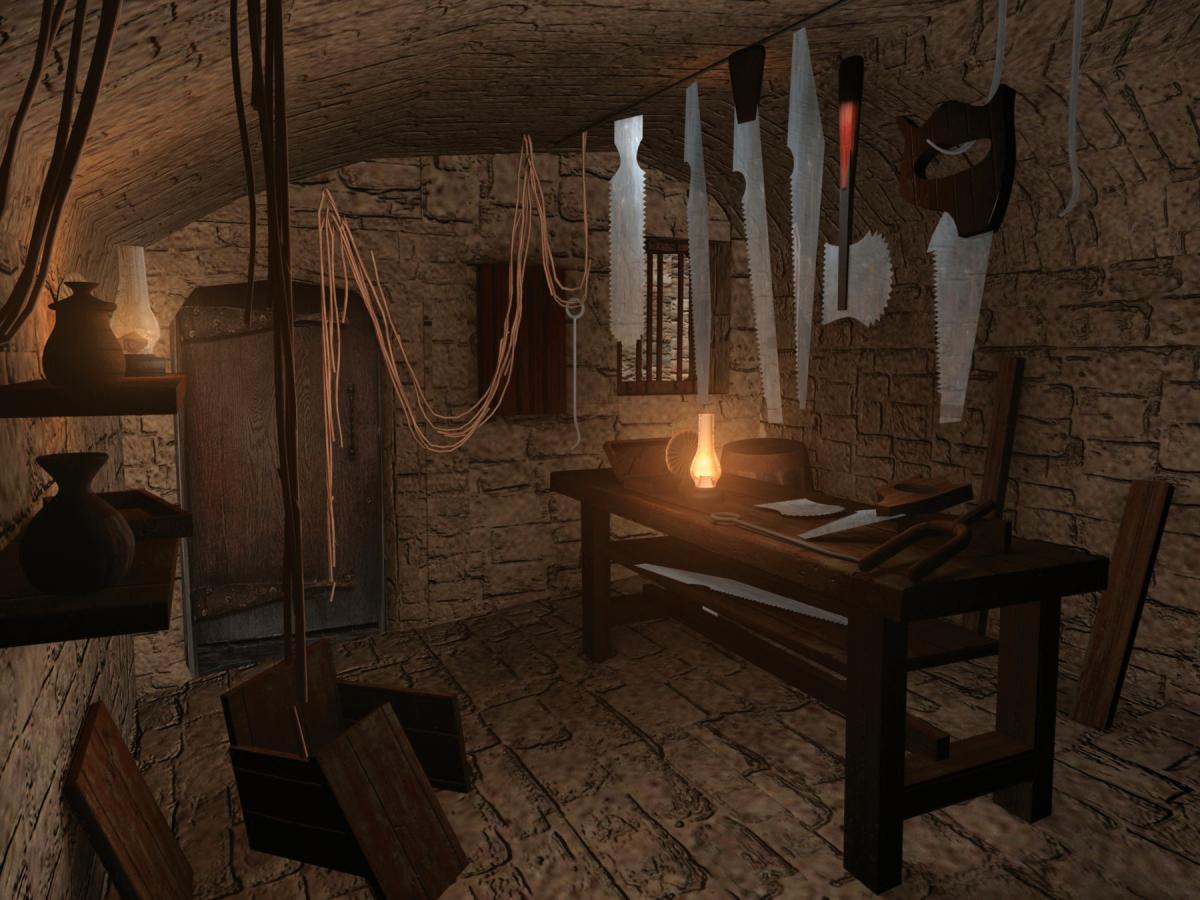 Digital rendering of a room from the age of smallpox--lit only by a small lantern, hung with various ropes and tools