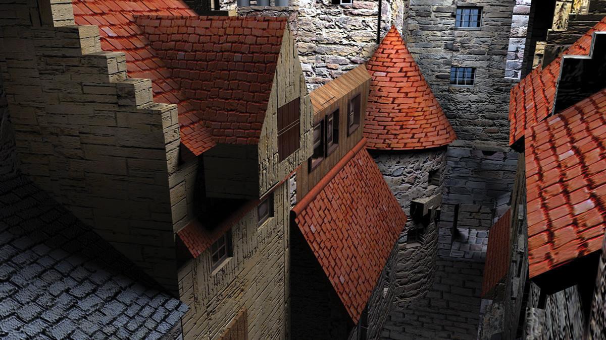 digital rendering of red-roofed, stone buildings, closely packed together