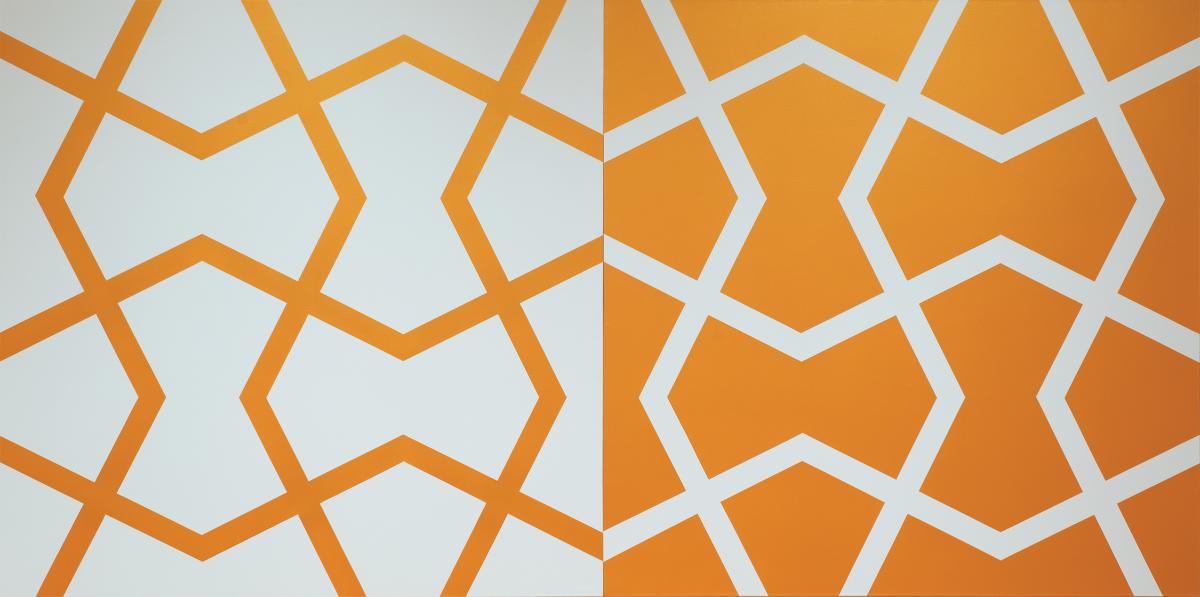 Abstract, angular pattern of white and orange lines, left panel with a white background and the right panel with an orange background