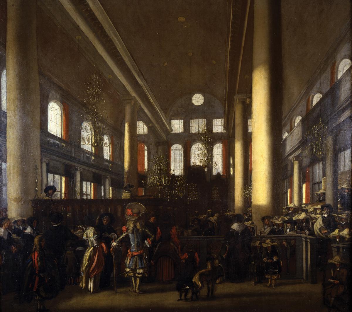 interior of the synagogue, filled with well dressed worshippers
