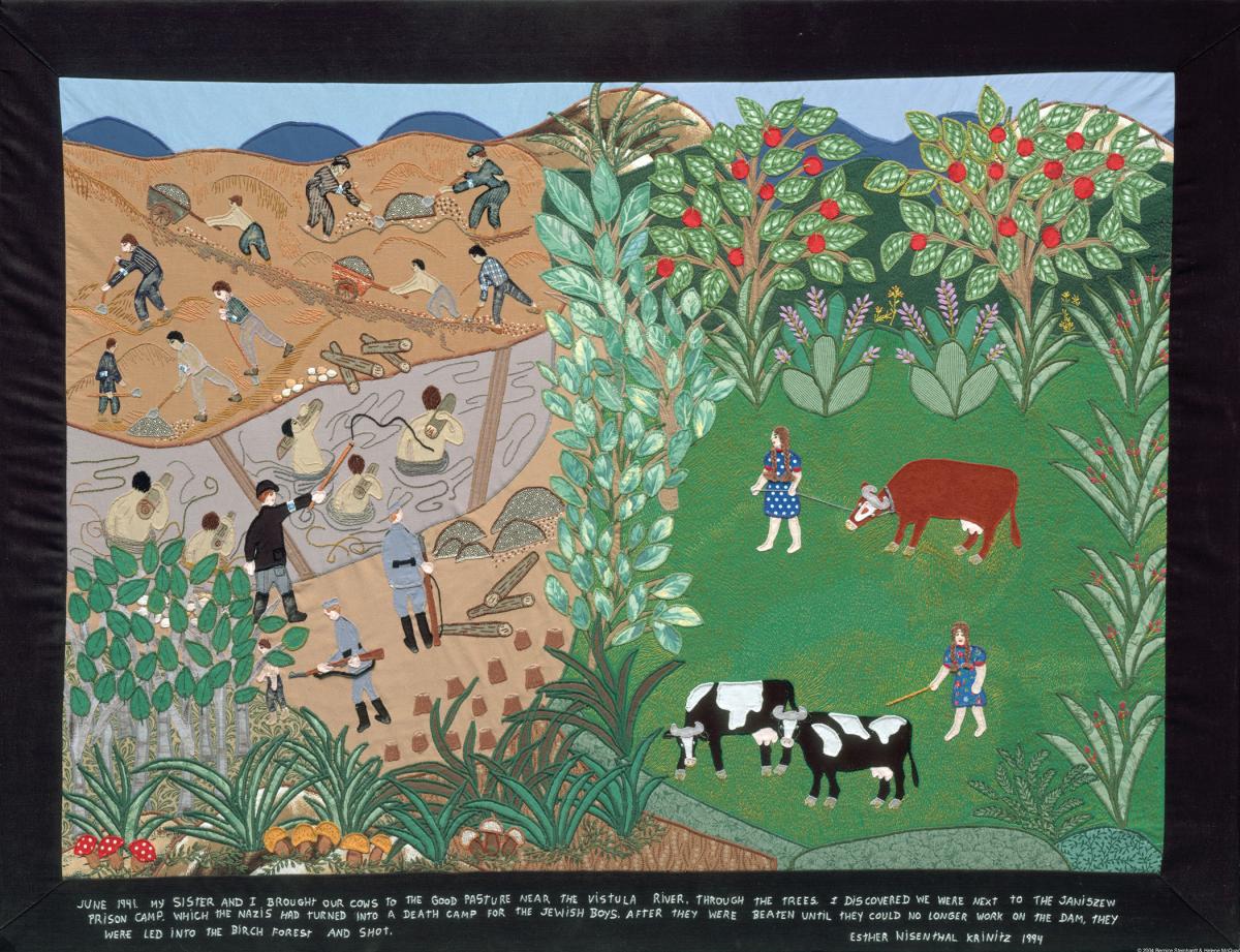 Quilt depicting a farm next to a concentration camp