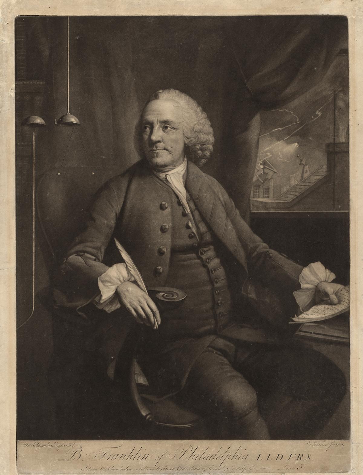 Black and white engraving of Ben Franklin