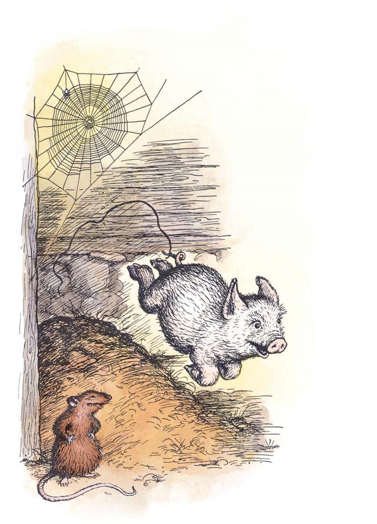 Wilbur leaps down a pile of hay with string attached to his tail, while a rat looks on and laughs