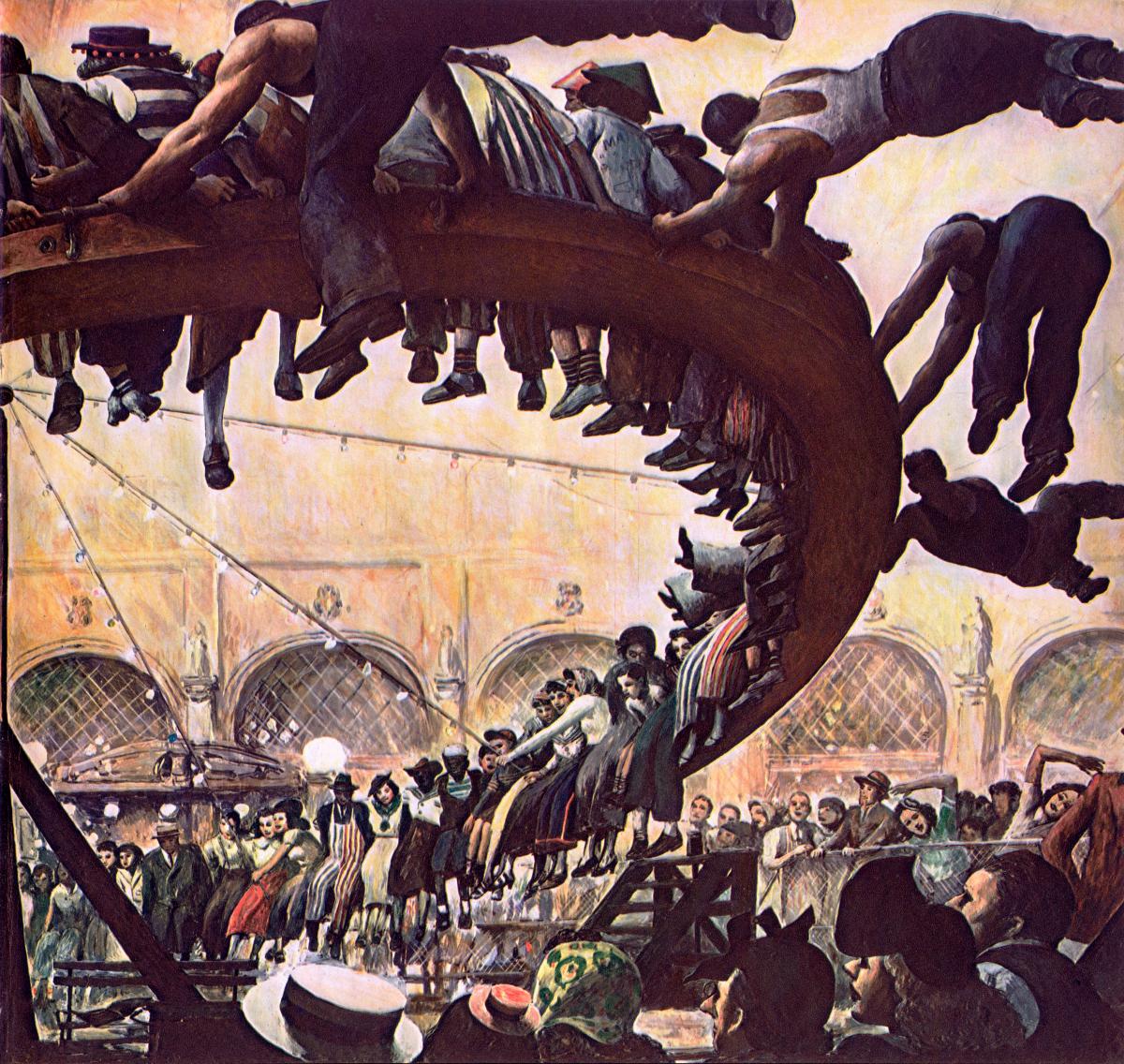 "To Heaven by Subway" by Robert Riggs, illustrating a huge crowd riding a Coney Island attraction