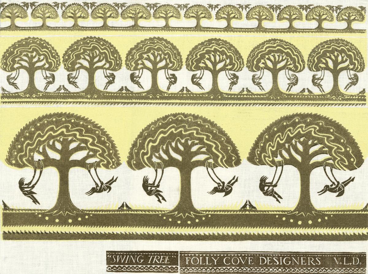 Repeating pattern of trees with two people on swings, done in shades of bronze