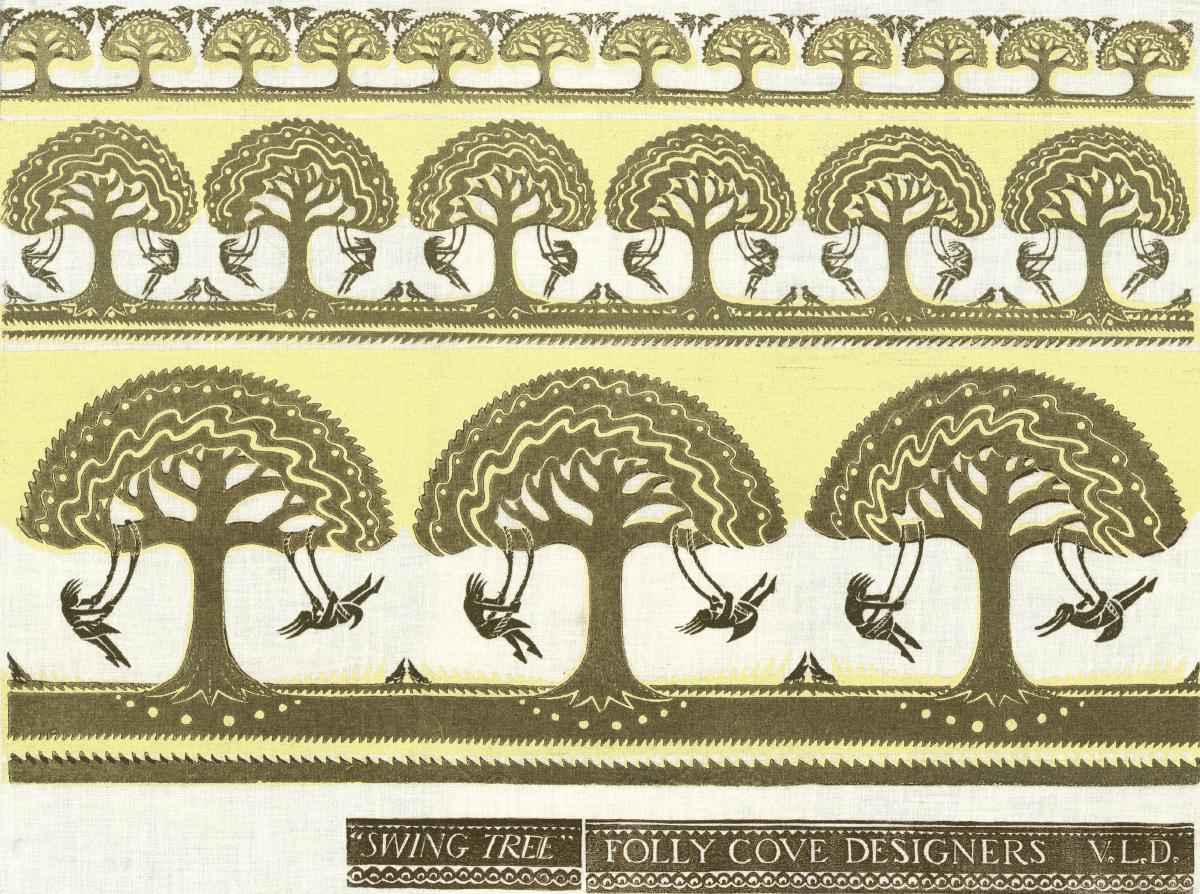 Repeating pattern of trees with two people on swings, done in shades of bronze