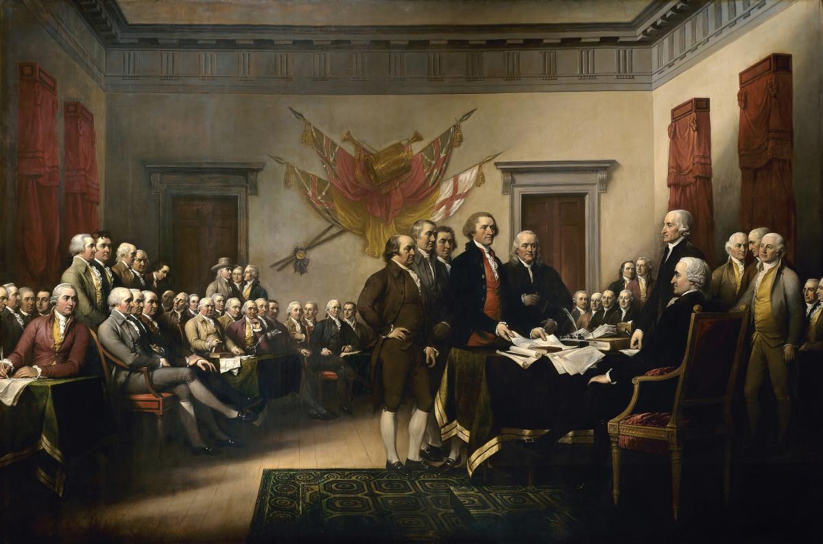 Thomas Jefferson presenting a draft of the Declaration of Independence to Congress