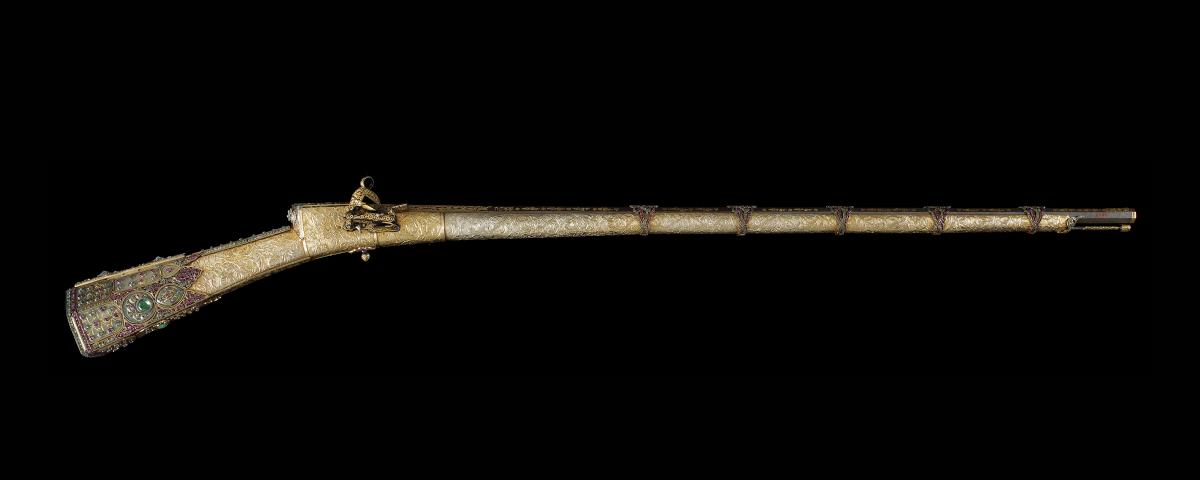 Mahmud's ivory and gold plated flintlock musket, covered in precious jewels