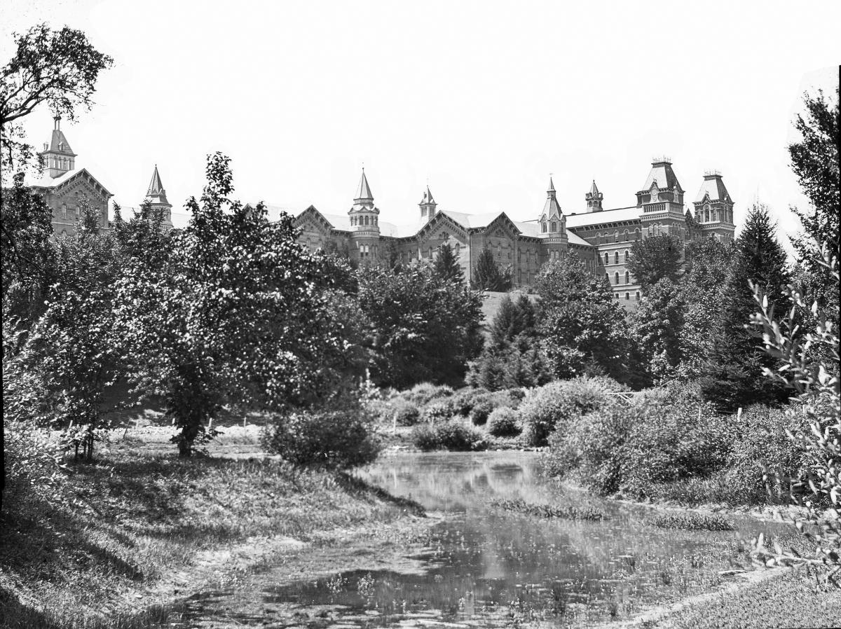 glass slide showing a large building 