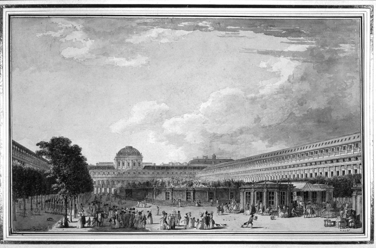 Black and white drawing of a large courtyard filled with people