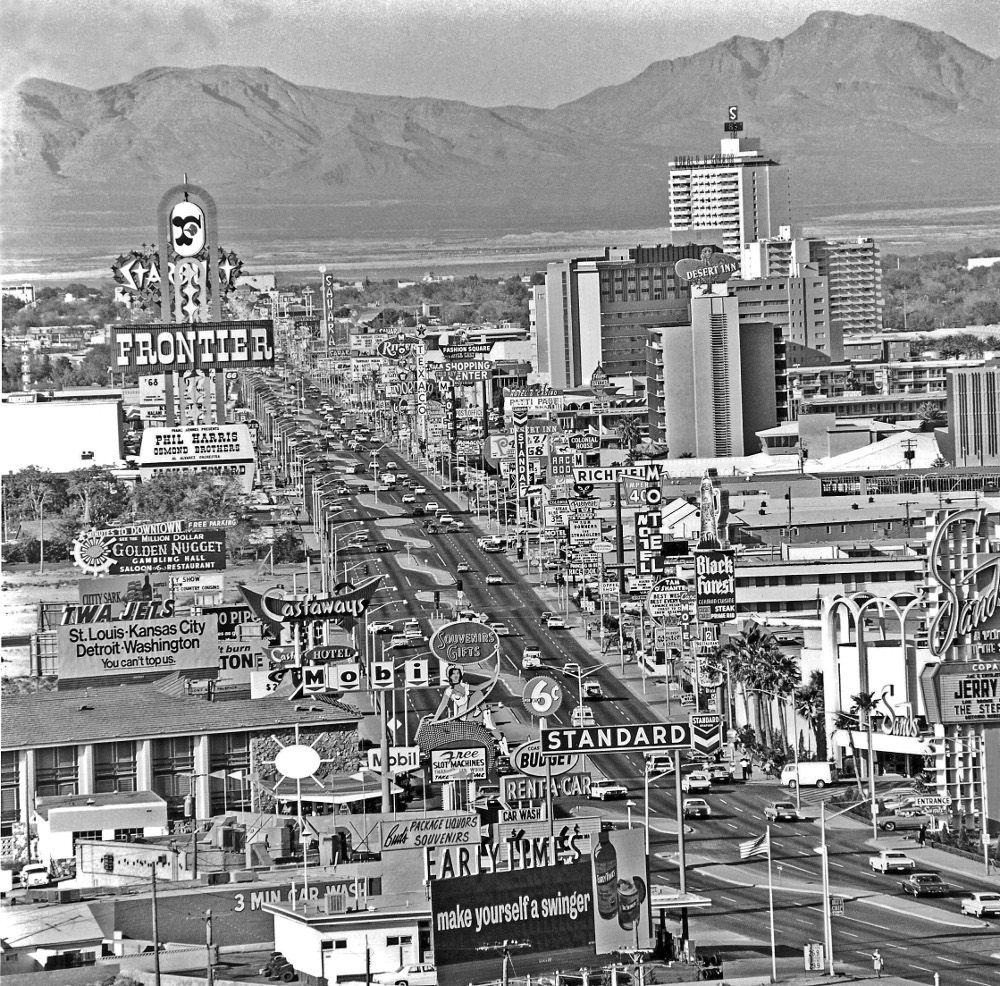 black and white view down the Las Vegas strip