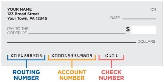 A sample check graphic is provided to assist you in identifying your routing and account numbers. 