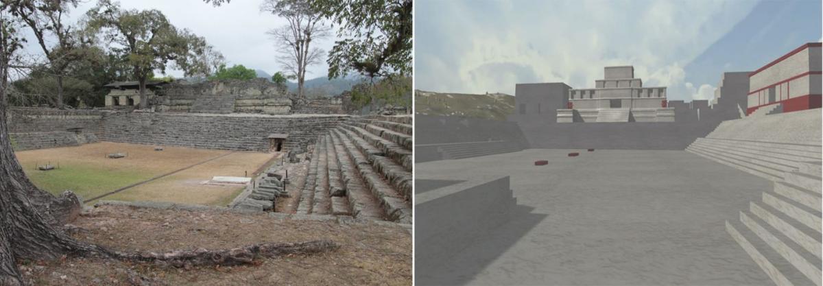 Images of Copán showing the site as it appears today (left) and Heather Richards-Rissetto’s model (right).