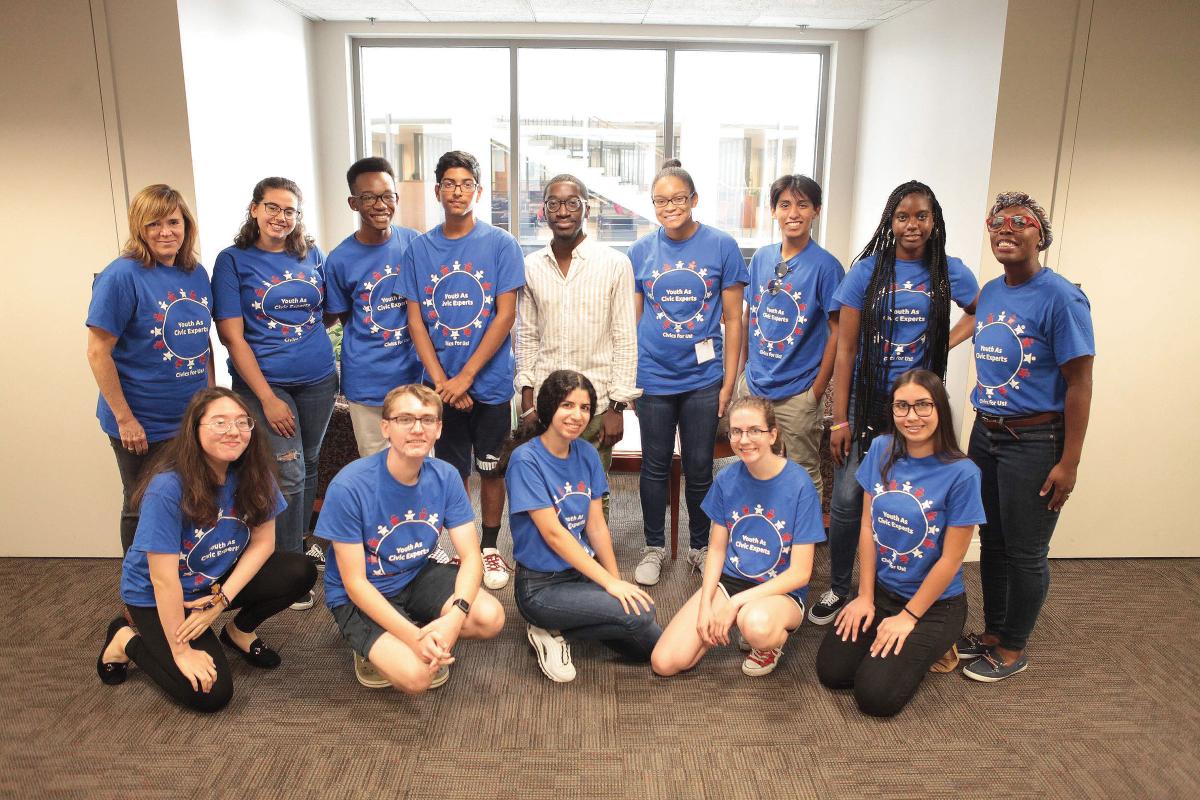 group of students wearing blue tee shirts