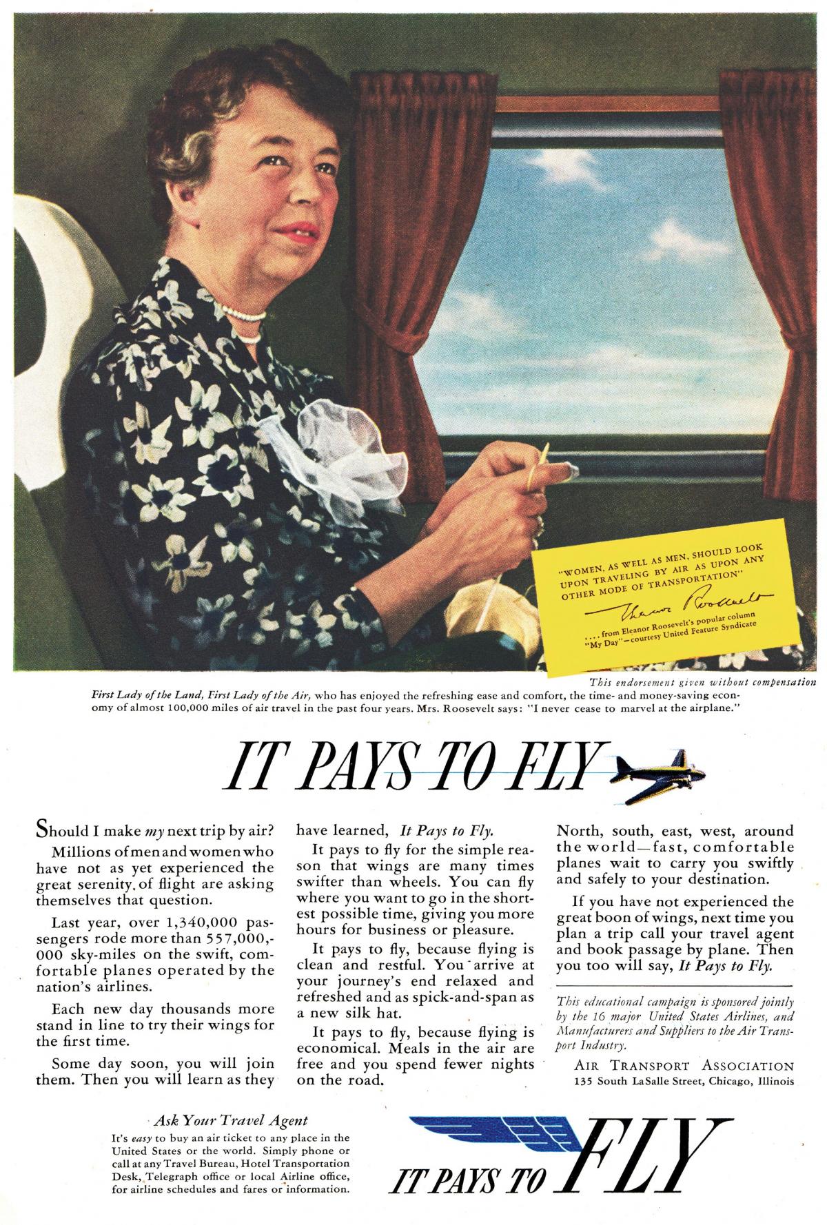 magazine advertisement for airplane travel with Mrs. Roosevelt.