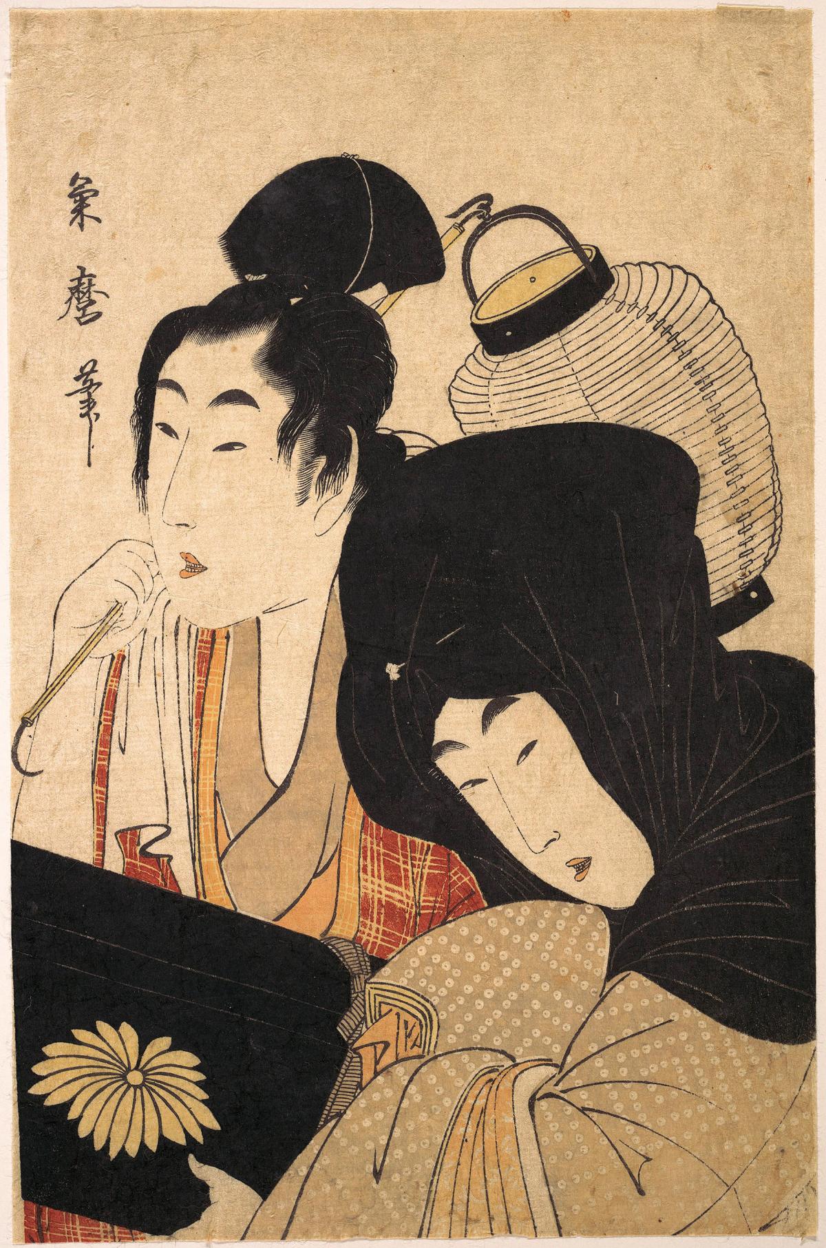 Two Edo-era figures traveling with their heads close, an instrument in the foreground and a lantern behind.