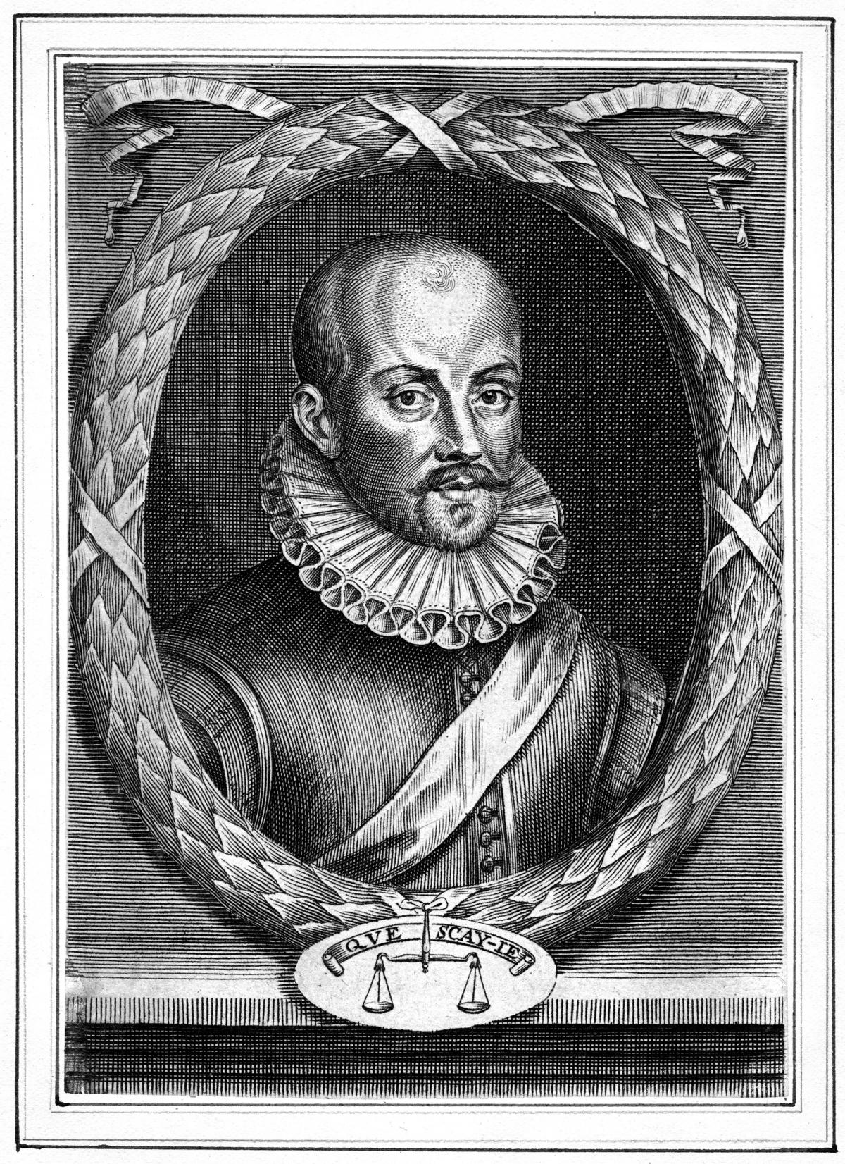 black and white etching of Montaigne