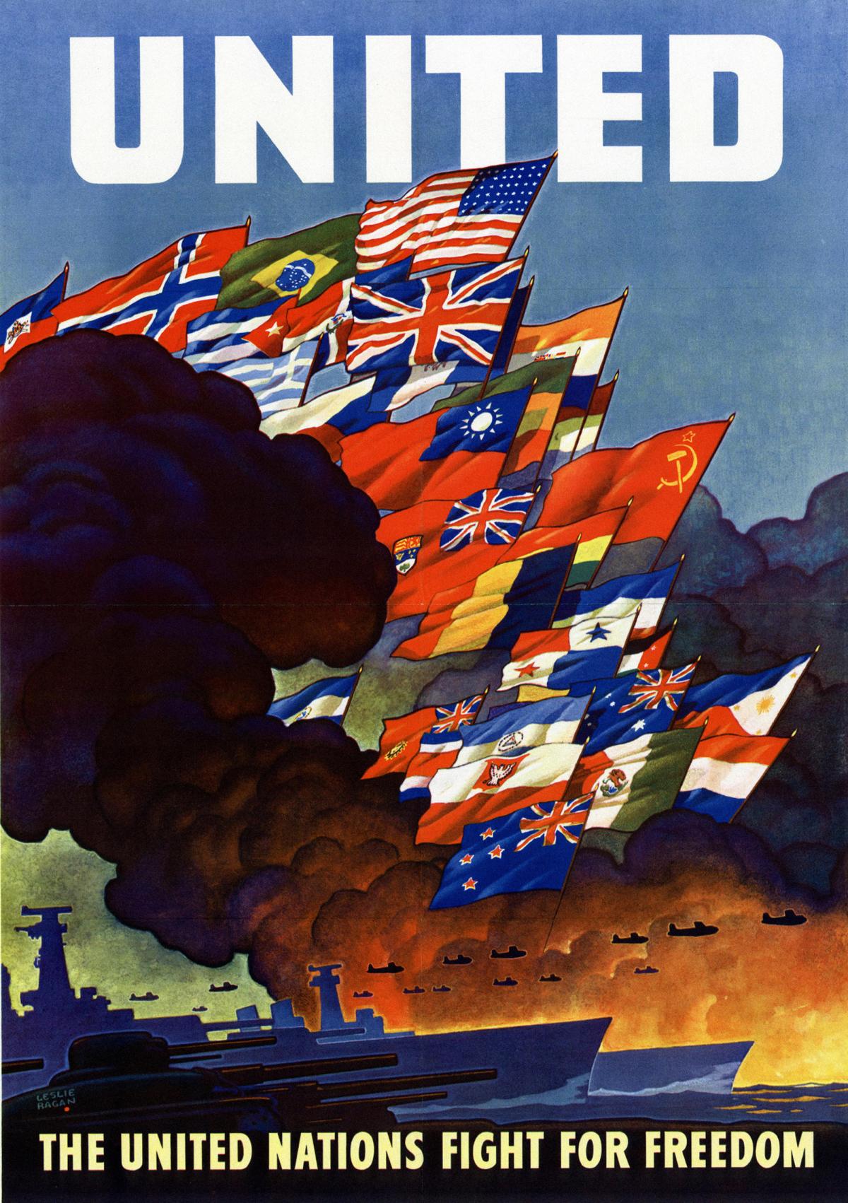 United Nations World War II poster of flags and battleships