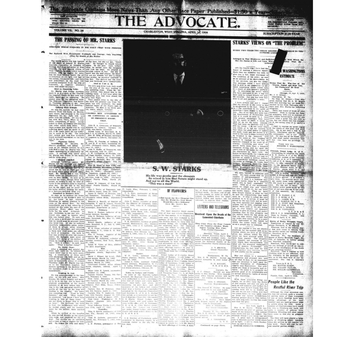 Front page of the Advocate, 11 April 1908, featuring news of Samuel W. Starks’s death. 