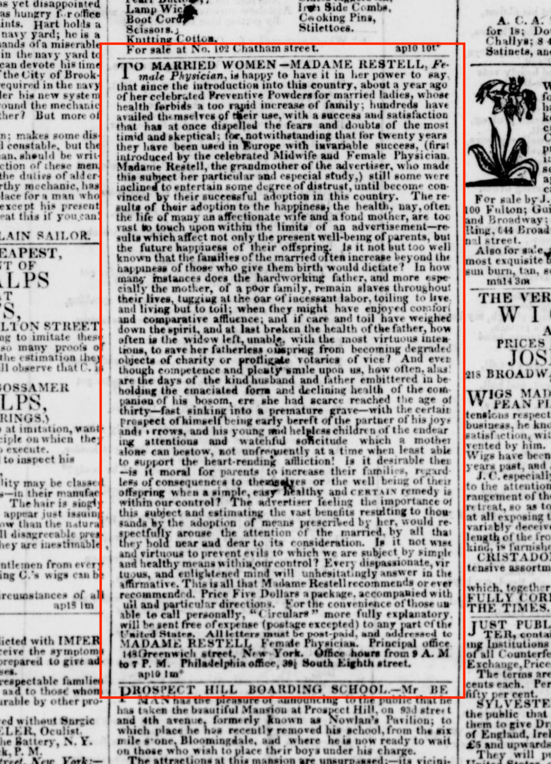 One of Restell’s most famous ads from New York’s Morning Herald, 13 April 1840