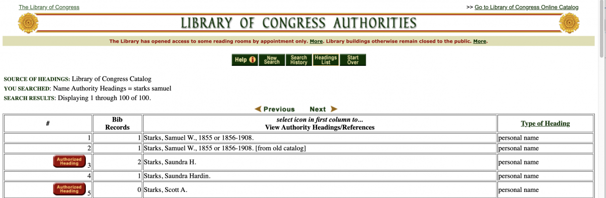 Search results for Samuel W. Starks in the LCNAF record; Starks’s name appears with the designation “[from old catalog]”