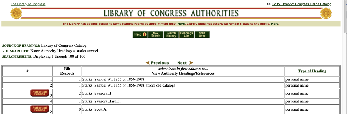 Search results for Samuel W. Starks in the LCNAF record; Starks’s name appears with the designation “[from old catalog]”