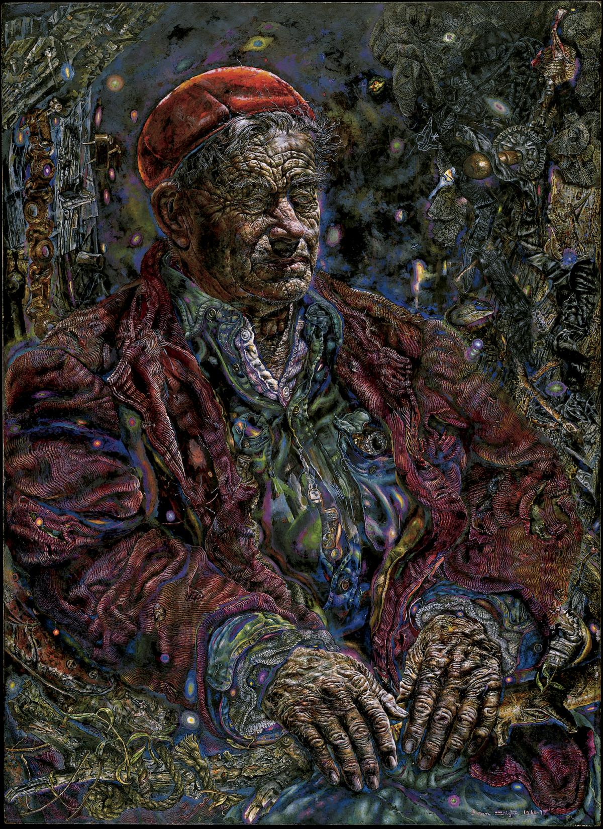 multicolored portrait of old man wearing a rob and red cap